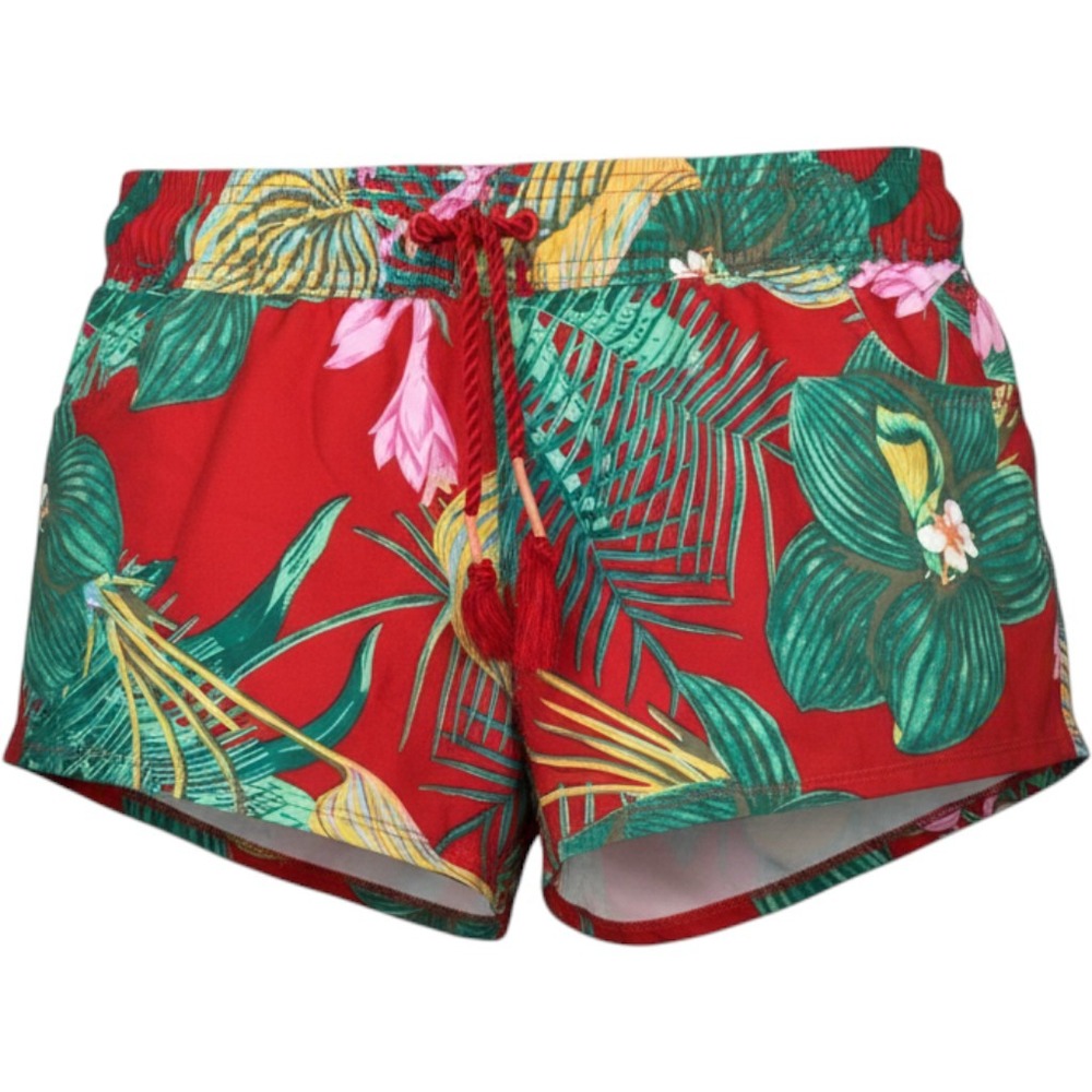 Roxy Tropical Floral Board Shorts Red XL Elastic Waist Pockets Tassels